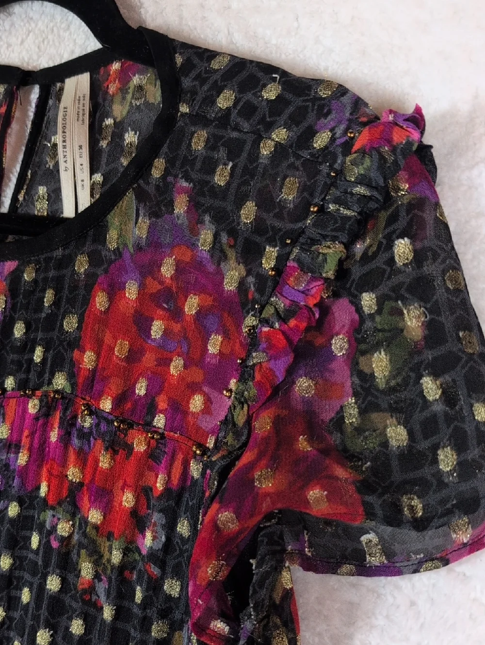 54-Anthropologie Black Sheer Floral Blouse with Gold Dots - Picture 6 of 7